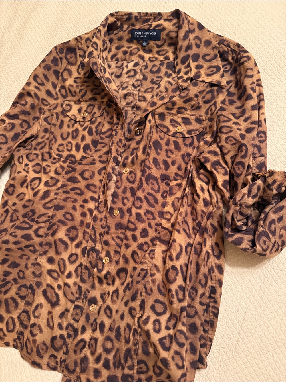 Jones New York Brown Leopard Print Button-Front Shirt tunic